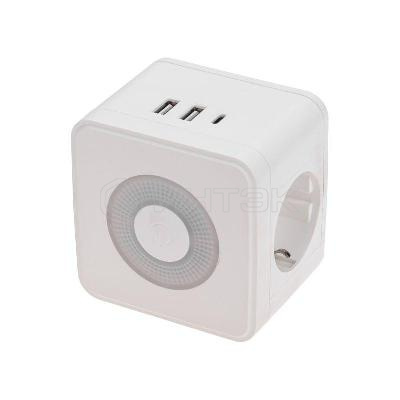 Двойник электрический Куб 16А с/з+2хUSB-A 2.4А+USB Type-C 3А с ночной подсветкой бел. Rexant 11-1251 изображение, фото