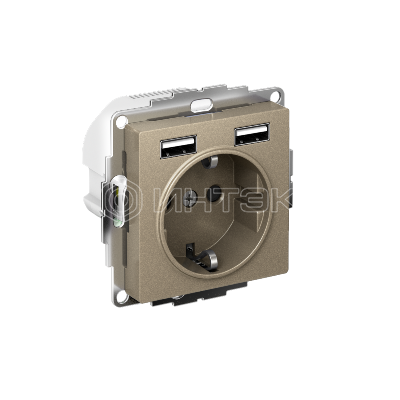 Розетка 1-м СП AtlasDesign 16А IP20 с 2-мя заряд. устройствами USB тип A+A 5В/2.4А 2х5В/1.2А механизм шампань Systeme Electric ATN000530 изображение, фото