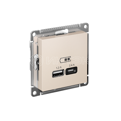Розетка USB AtlasDesign тип A+C 5В/2.4А 2х5В/1.2А механизм беж. Systeme Electric ATN000239 изображение, фото