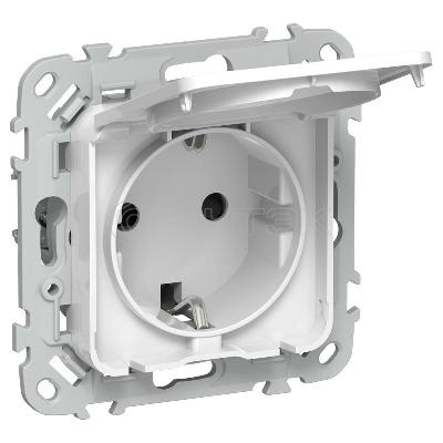 Розетка СП FLITE РСшкр11-1-44-ФлБ 16А IP44 с заземл. с защ. шторками и крышкой безвинтовое крепление механизм бел. IEK FI-R16-16-1-44-K01 изображение, фото