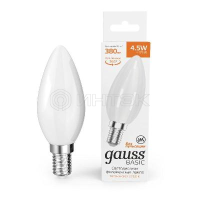 Лампа светодиодная филаментная Basic Filament 4.5Вт Свеча 2700К Е14 380лм milky GAUSS 1035115 изображение, фото