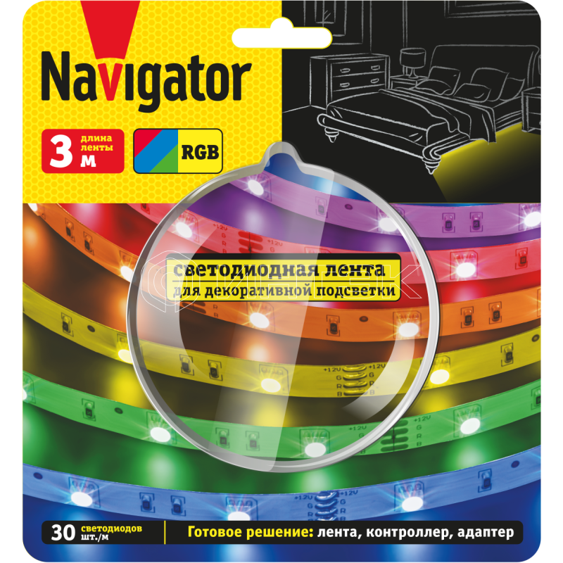 Лента светодиодная 95 143 NLS-Systeme ElectricT-01 RGB 3м 30шт/м адаптер 1м IP20 Navigator 95143 изображение, фото