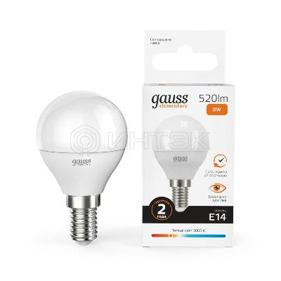 Лампа светодиодная Elementary 8Вт P45 шар 3000К тепл. бел. E14 520лм GAUSS 53118 изображение, фото