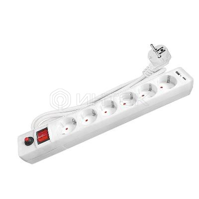 Удлинитель с сетевым фильтром 6х1.8м с заземл. 10А IP20 2.2кВт USB type-A + type-C ПВС 3х0.75 с выкл. бел. UNIVersal 2543 изображение, фото