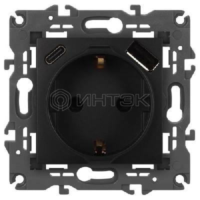 Розетка Elegance 14-4108-05 16A 250В 2P+E защ. шторки с USB type-A+C 3А 5В антрацит Эра Б0067724 изображение, фото