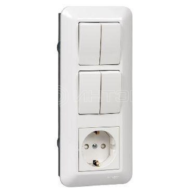 Блок СП Blanca / Прима (розетка с заземл. + 2-кл. + 2-кл. выкл.) (розн. упак.) бел. Systeme Electric BK2VR-008B-BI изображение, фото