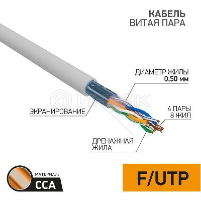 Кабель витая пара F/UTP кат.5e 4х2х24AWG solid CCA PVC INDOOR омедненный сер. (м) PROCONNECT 01-0142-3 изображение, фото