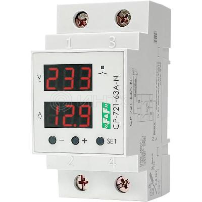 Реле напряжения с контролем тока и мощности CP-721-63A-N 1ф 2НО 2х63А с разрывом нейтрали в соответствии с ПУЭ 7.1.21 и предназнач. для защ. сети бытовой техники от повыш. или пониж. напржения в сети F&F EA04.009.028 изображение, фото