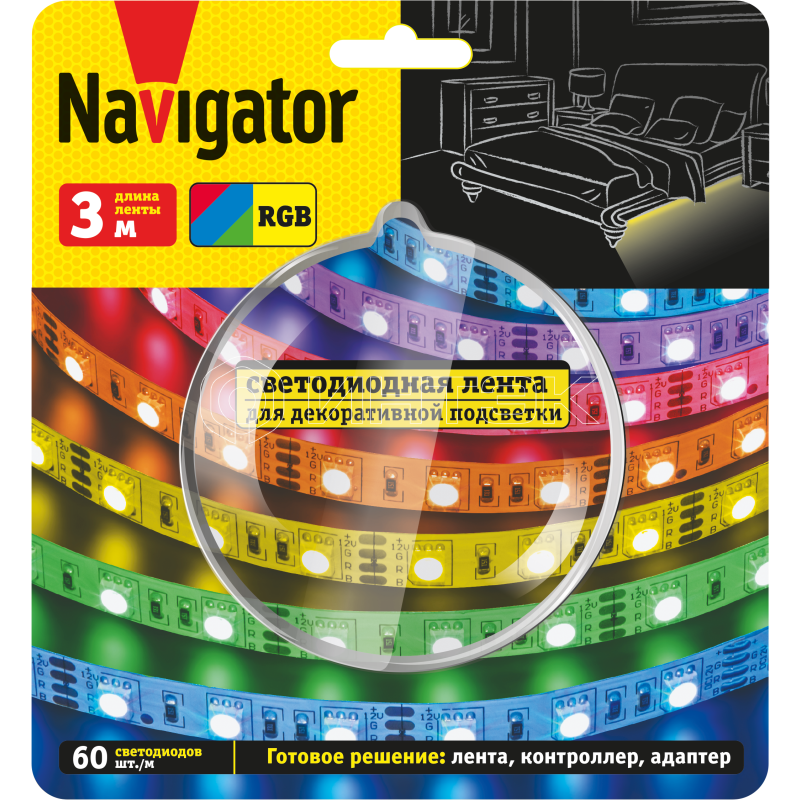 Лента светодиодная 95 145 NLS-Systeme ElectricT-03 RGB 3м 60шт/м адаптер 1м IP20 Navigator 95145 изображение, фото