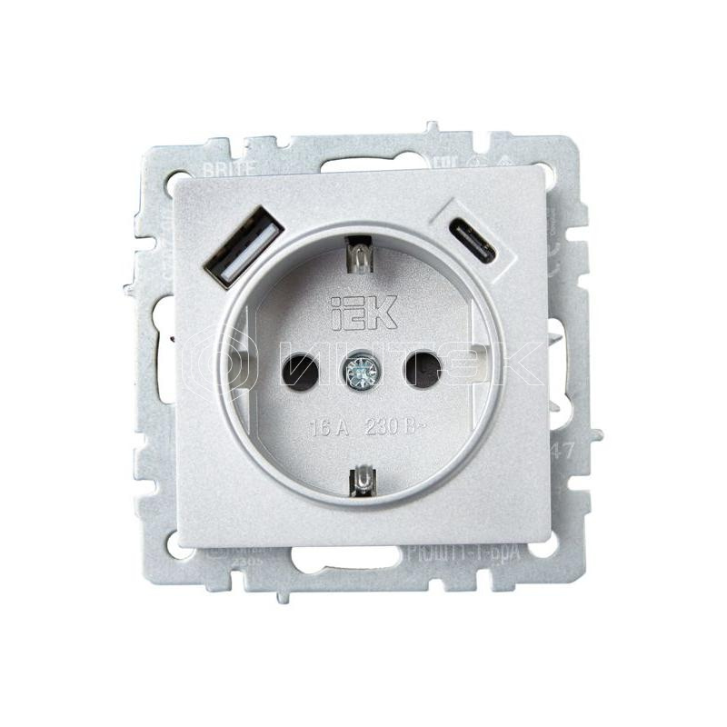 Розетка BRITE РЮш11-1-БрА 16А с USB A+C 18Вт с заземл. защ. шторки механизм алюм. IEK BR-R14-16-U22-018-K47 изображение, фото