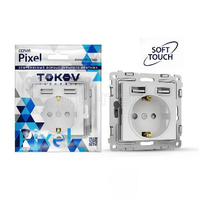 Розетка 1-м СП Pixel IP20 с заземл. с 2-мя заряд. устр. USB тип A+A механизм айс TOKOV ELECTRIC TKE-PX-R1U2A-C34 изображение, фото