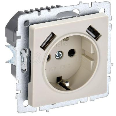 Розетка BRITE РЮш10-1-БрКр 16А с USB A+A 2.1А с заземл. защ. шторки механизм беж. IEK BR-R14-16-U21-D21-K10 изображение, фото