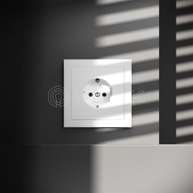 Розетка 1-м СП S70 16А с заземл. защ. шторки механизм бел. матов. Voltum VLS040202 изображение, фото
