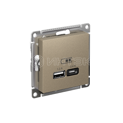 Розетка USB AtlasDesign тип A+C 5В/2.4А 2х5В/1.2А механизм шампань Systeme Electric ATN000539 изображение, фото