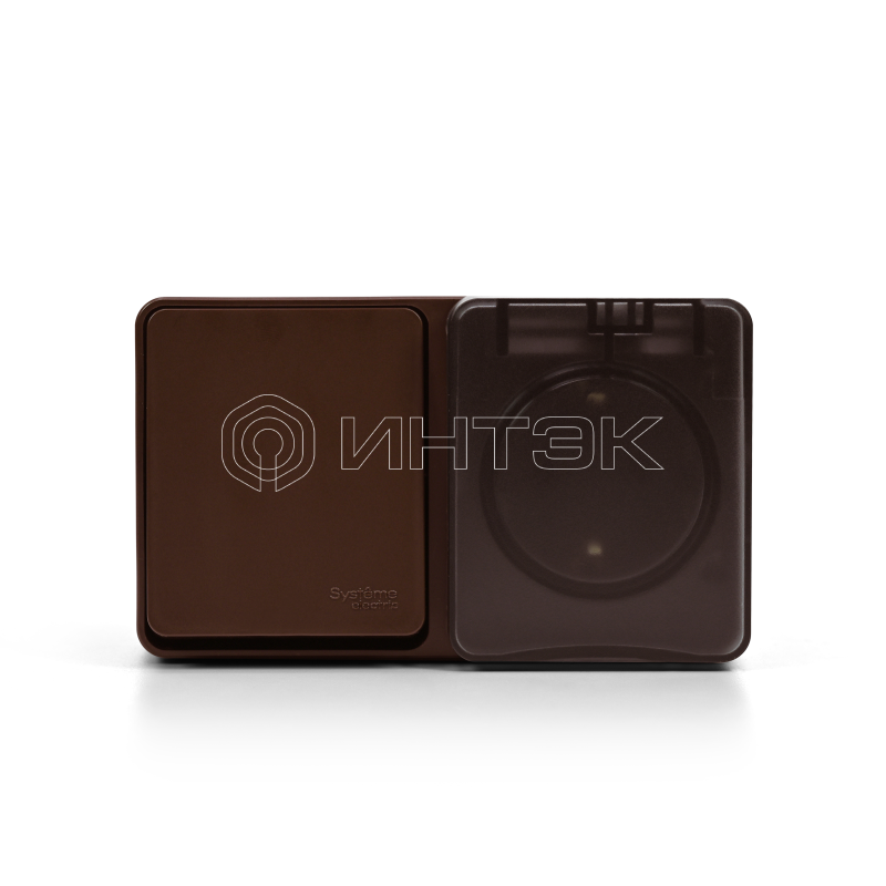 Блок ОП AtlasDesign PROFI IP54 (розетка 1-м 16А заземл. защ. шторки + 1-кл. выключатель 10А) корич. Systeme Electric ATN546070 изображение, фото