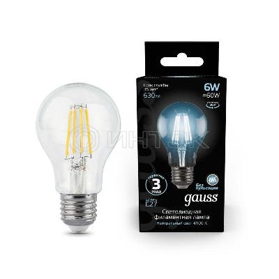 Лампа светодиодная филаментная Black Filament 6Вт A60 грушевидная 4100К нейтр. бел. E27 630лм GAUSS 102802206 изображение, фото