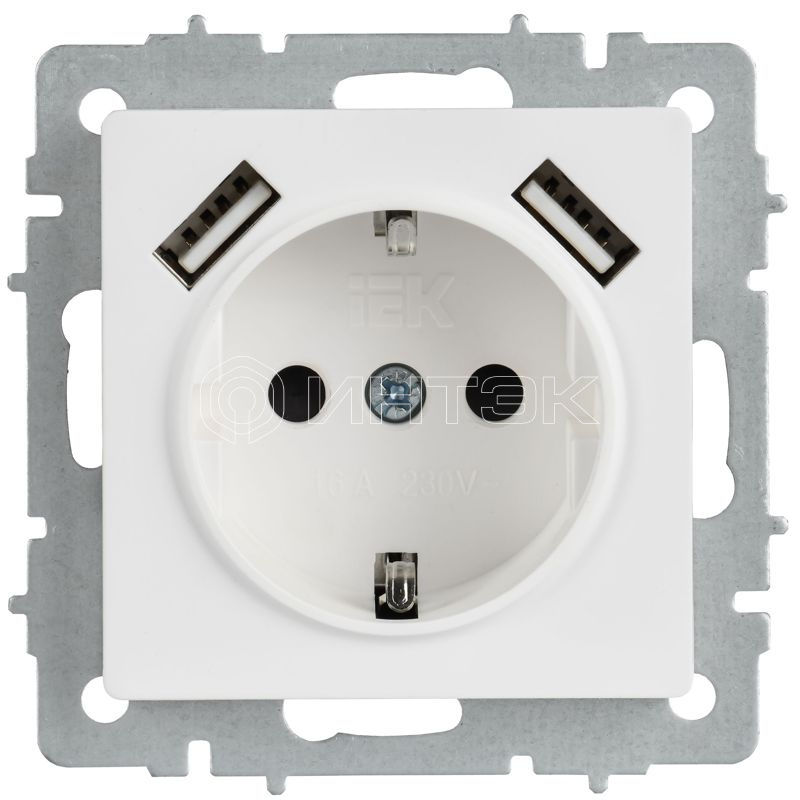 Розетка BRITE РЮш10-2-БрАБ 16А с USB A+A 3.1А с заземл. защ. шторки механизм арктич. бел. IEK BR-R14-16-U21-D31-K91 изображение, фото