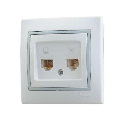 Розетка компьютерная + телефонная 2-м СП Mira RJ45 + RJ11 IP20 с сер. вставкой бел. LEZARD 701-0215-143 изображение, фото
