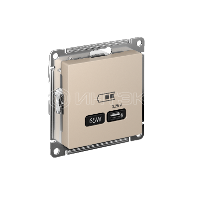 Розетка USB AtlasDesign тип C 65Вт высокоскор. ЗУ QC PD механизм песочн. Systeme Electric ATN001227 изображение, фото