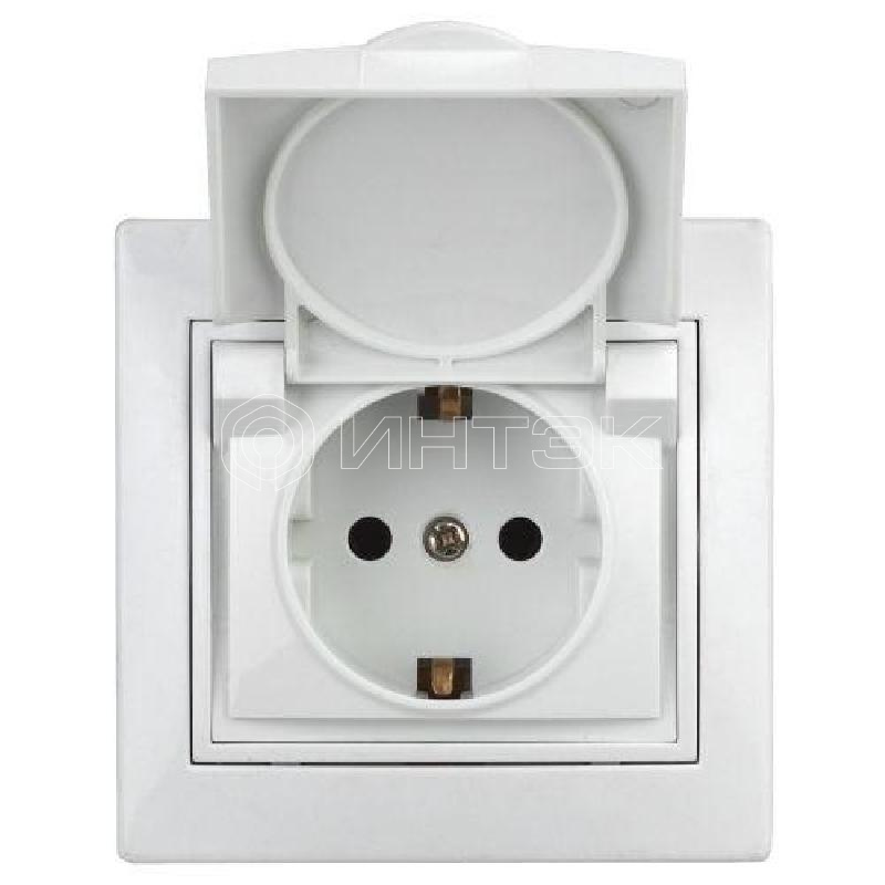 Розетка 1-м СП Plano 1-203-01 16А IP20 250В 2P+E Schuko защ. крышка бел. Intro Б0053889 изображение, фото