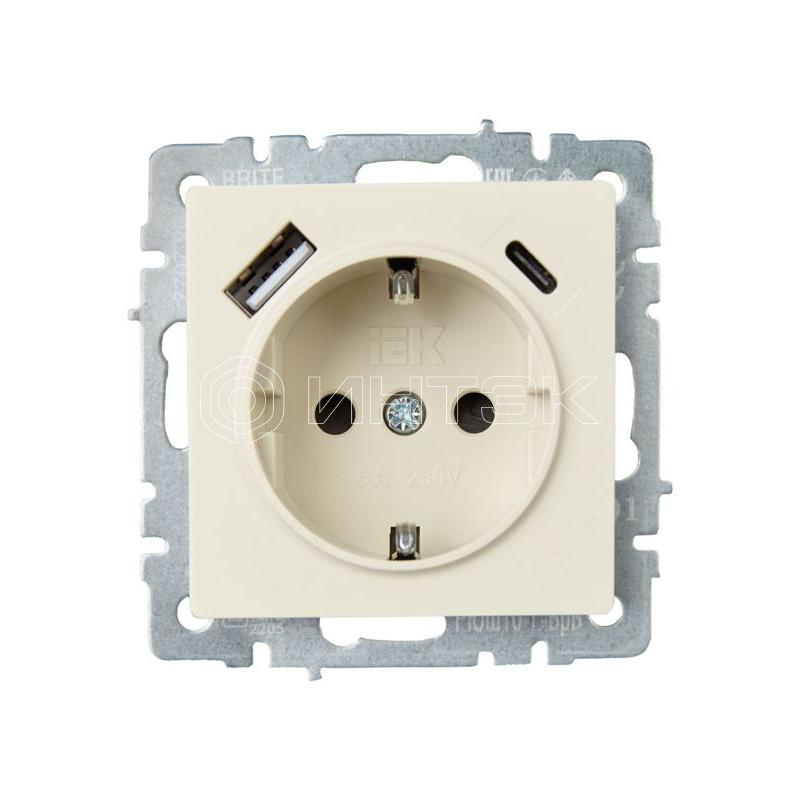 Розетка BRITE РЮш11-1-БрКр 16А с USB A+C 18Вт с заземл. защ. шторки механизм беж. IEK BR-R14-16-U22-018-K10 изображение, фото