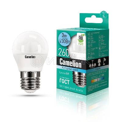 Лампа светодиодная LED3-G45/845/E27 3Вт шар 4500К бел. E27 260лм 220-240В Camelion 11376 изображение, фото
