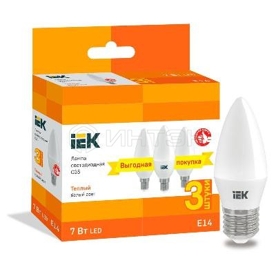 Лампа светодиодная C35 свеча 7Вт 230В 3000К E14 (уп.3шт) IEK LLE-C35-07-230-30-E14-3 изображение, фото
