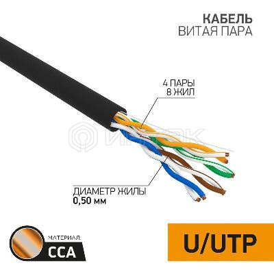 Кабель витая пара U/UTP кат.5E 4х2х24AWG омедненный наружн. прокладки черн. 305м (м) PROCONNECT 01-0045-3 изображение, фото