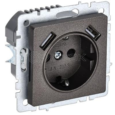 Розетка BRITE РЮш10-1-БрТБ 16А с USB A+A 2.1А с заземл. защ. шторки темн. механизм бронза IEK BR-R14-16-U21-D21-K45 изображение, фото