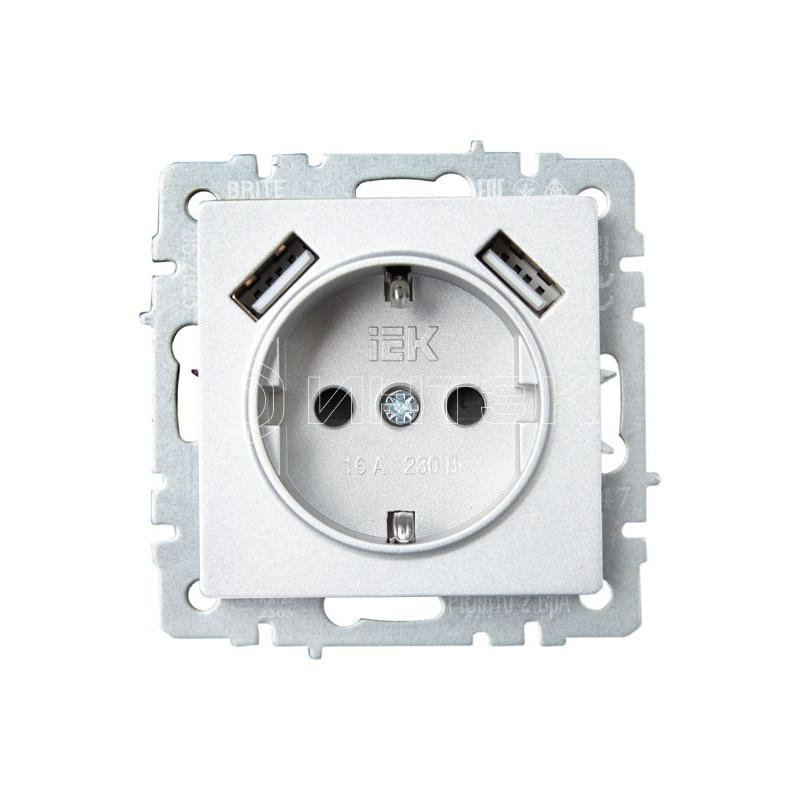 Розетка BRITE РЮш10-2-БрА 16А с USB A+A 3.1А с заземл. защ. шторки механизм алюм. IEK BR-R14-16-U21-D31-K47 изображение, фото