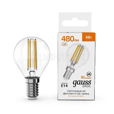 Лампа светодиодная филаментная Basic Filament 4Вт Шар 3000К E14 480лм GAUSS 50512142 изображение, фото