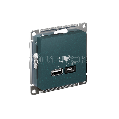 Розетка USB AtlasDesign тип A+C 45Вт QC PD высокоскор. ЗУ механизм изумруд Systeme Electric ATN000829 изображение, фото
