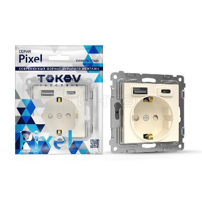 Розетка 1-м СП Pixel IP20 с заземл. с 2-мя заряд. устр. USB тип A+C механизм беж. TOKOV ELECTRIC TKE-PX-R1U2AC-C02 изображение, фото