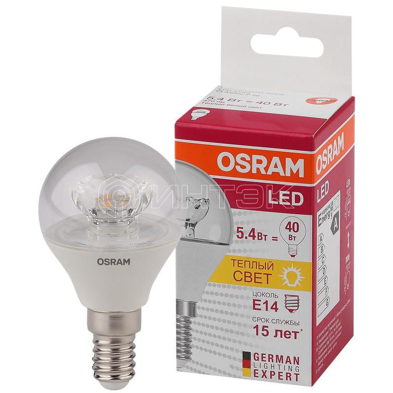 Лампа светодиодная LED STAR CLASSIC P 40 5.4W/830 5.4Вт шар прозрачная 3000К тепл. бел. E14 470лм 220-240В пластик. OSRAM 4052899971622 изображение, фото