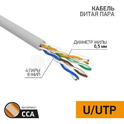 Кабель витая пара U/UTP кат.5E 4х2х24AWG solid CCA PVC сер. (м) PROCONNECT 01-0043-3 изображение, фото