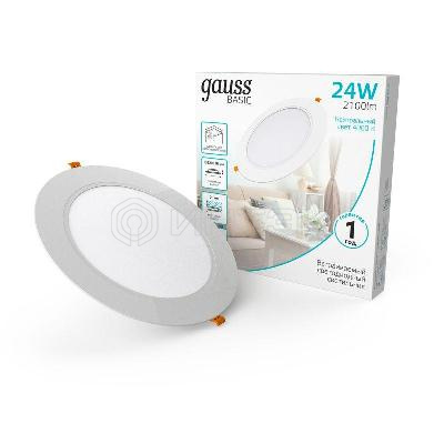 Светильник светодиодный Basic Downlight 24Вт 4000К IP20 2100лм 170-260В 225х26 круг бел. GAUSS 9030520224 изображение, фото