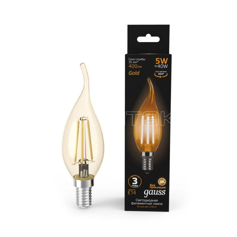 Лампа светодиодная филаментная Black Filament 5Вт свеча на ветру золотая 2700К тепл. бел. E14 400лм GAUSS 104801005 изображение, фото