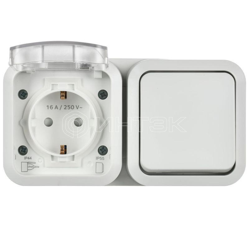 Блок ОП TORS TS342 (розетка + выключатель) 16А IP55 горизонт. бел. IEK TS-G10-6-55-V-K01 изображение, фото