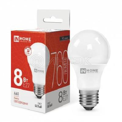 Лампа светодиодная LED-A60-VC 8Вт грушевидная 4000К нейтр. бел. E27 760лм 230В IN HOME 4690612024028 изображение, фото