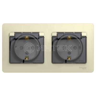 Розетка 2-м СП 2мод. Glossa 16А IP44 с заземл. защ. шторки в сборе беж.  Systeme Electric GSL000247 изображение, фото
