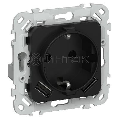 Розетка 1-м СП FLITE РСЮша11-1-ФлЧ 16А с USB A+A 3.1А с заземл. с защ. шторками безвинтовое крепление механизм черн. IEK FI-R14-16-1-U21-D31-K02 изображение, фото