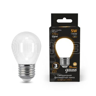 Лампа светодиодная филаментная Black Filament 5Вт P45 шар матовая 2700К тепл. бел. E27 420лм GAUSS 105202105 изображение, фото