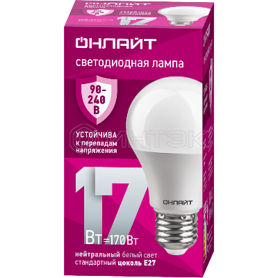 Лампа светодиодная 90 403 OLL-A60-17-230-4K-E27 17Вт грушевидная 4000К E27 90-240В PRO ОНЛАЙТ 90403 изображение, фото