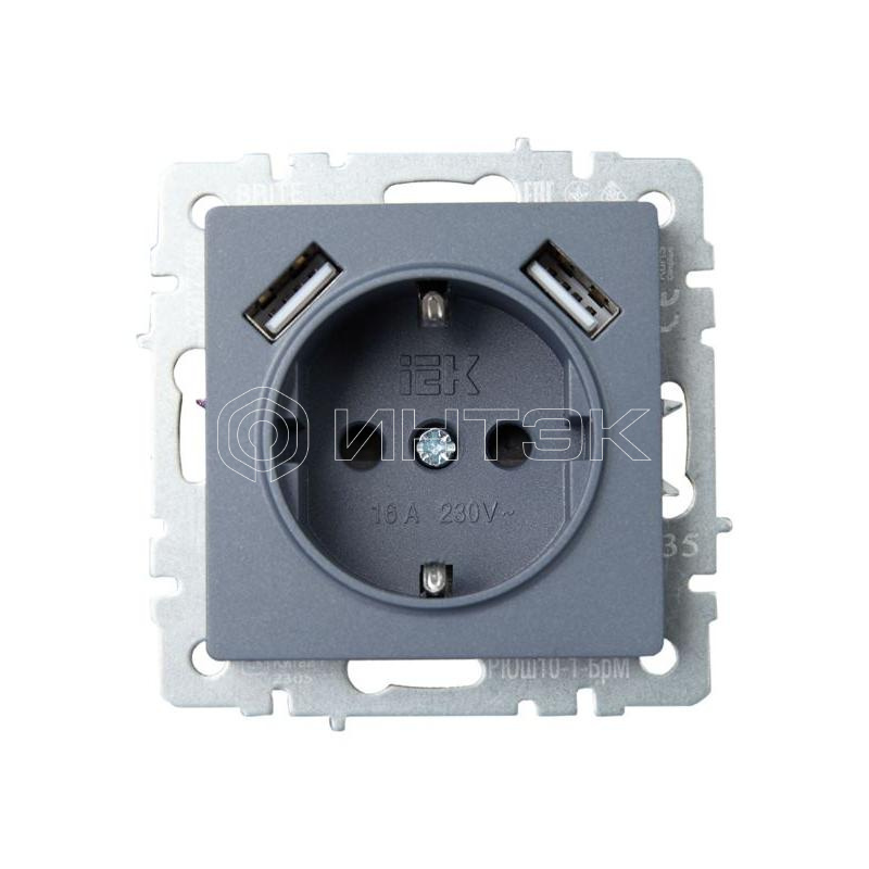 Розетка BRITE РЮш10-1-БрМ 16А с USB A+A 2.1А с заземл. защ. шторки механизм маренго IEK BR-R14-16-U21-D21-K35 изображение, фото