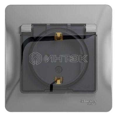 Розетка 1-м СП Glossa 16А IP44 с заземл. защ. шторки с крышкой в сборе алюм. Systeme Electric GSL000348 изображение, фото