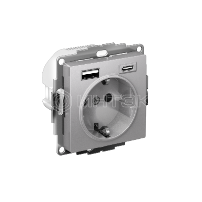 Розетка AtlasDesign 16А с 2-мя заряд. устройствами USB тип A+C 5В/2.4А 2х5В/1.2А механизм алюм. Systeme Electric ATN000332 изображение, фото