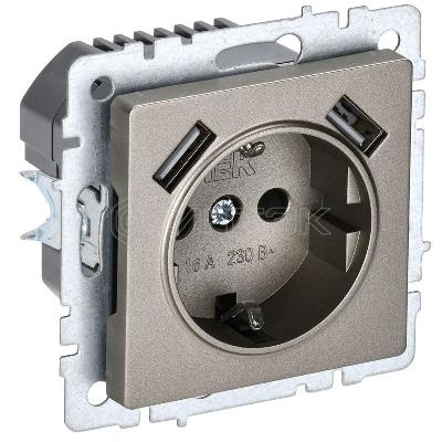 Розетка BRITE РЮш10-1-БрШ 16А с USB A+A 2.1А с заземл. защ. шторки механизм шампань IEK BR-R14-16-U21-D21-K37 изображение, фото