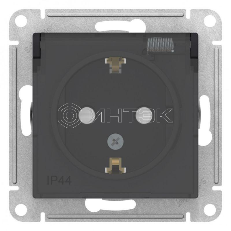 Розетка 1-м СП AtlasDesign Aqua 16А IP44 с заземл. защ. шторки с прозр. крышкой механизм карбон  Systeme Electric ATN441046 изображение, фото