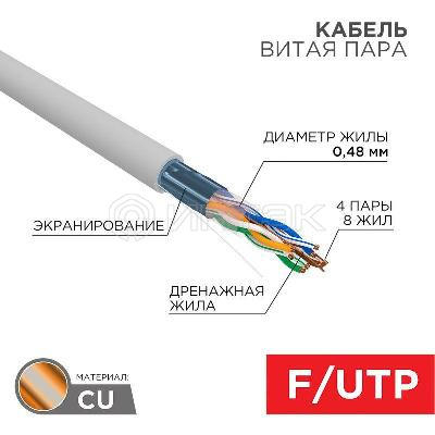 Кабель витая пара F/UTP кат.5e 4х2х24AWG solid PVC INDOOR медь сер. (м) PROCONNECT 01-0152 изображение, фото