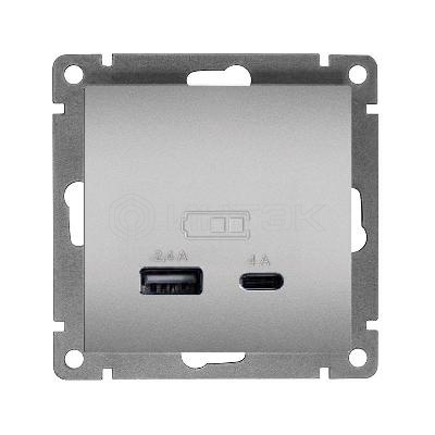 Розетка 2-м USB СП Афина тип А+С 5В 1х2.4А 2х4А механизм серебро Universal А0059-S изображение, фото